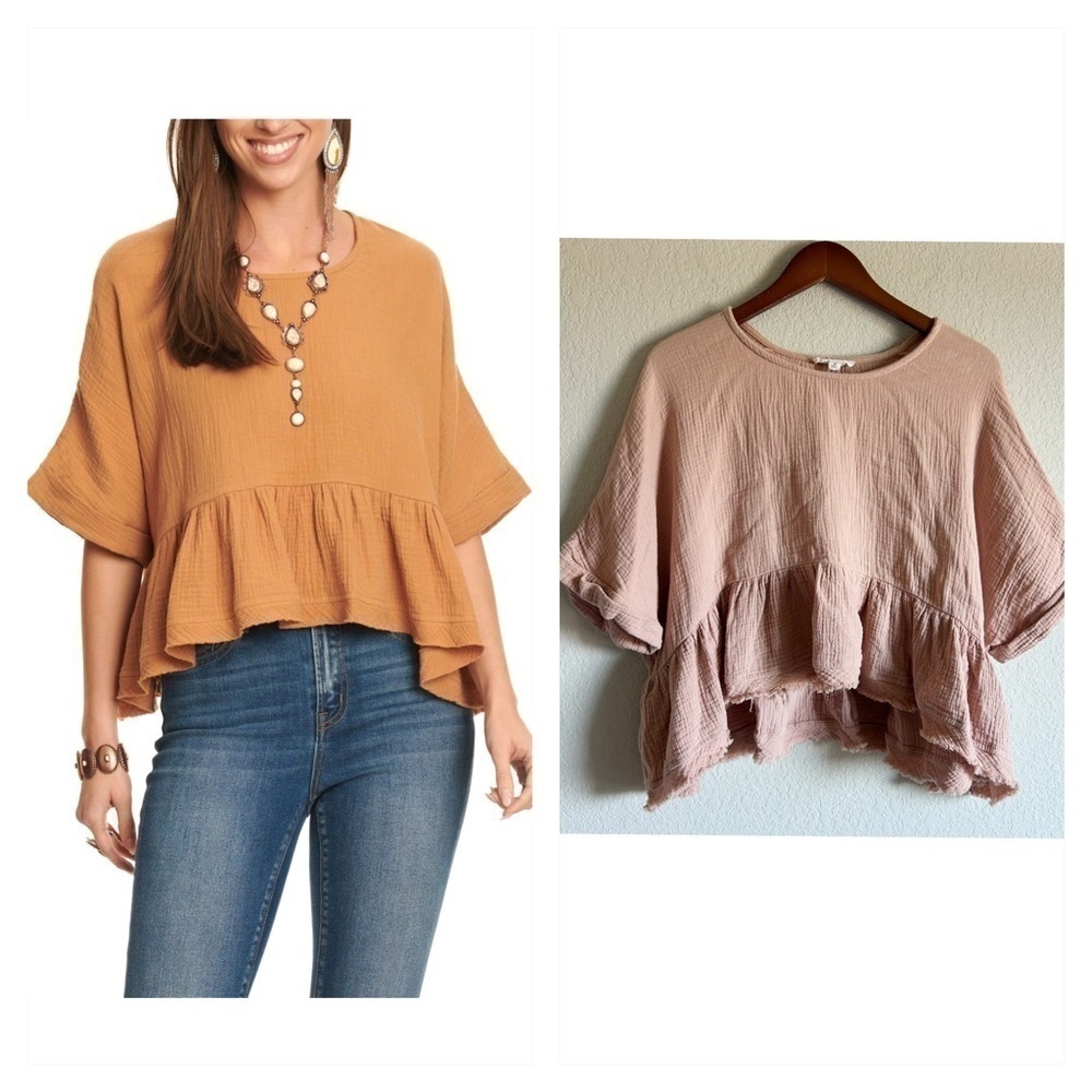 Newbury Kustom Cotton Gauzy Cropped Ruffle Short Sleeve Blouse Top Rose